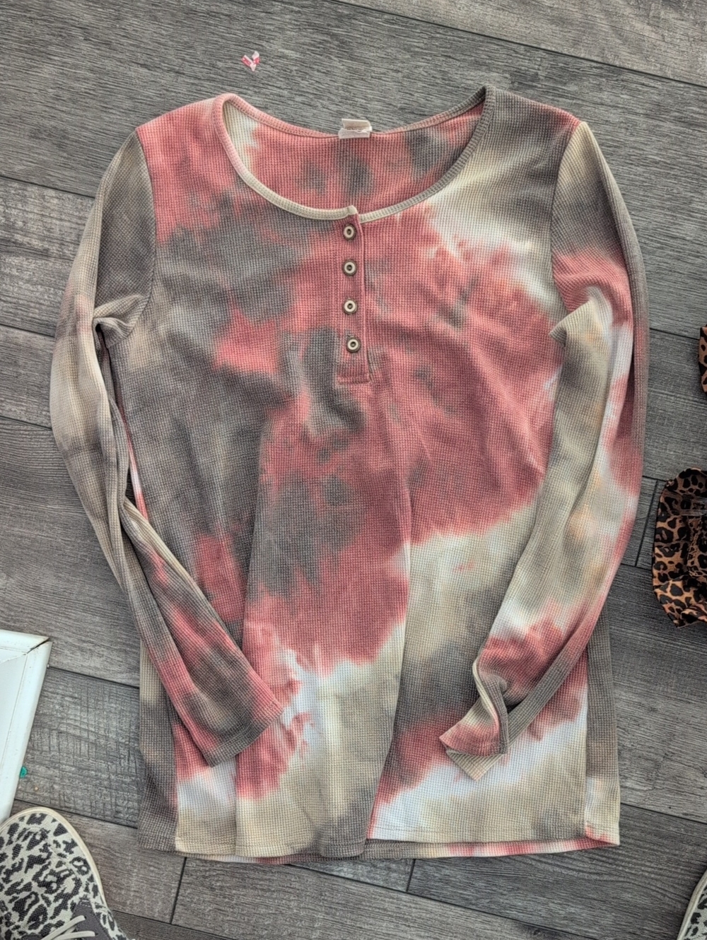 Long Sleeve Tie-Dye Henley Top - Pink & Taupe